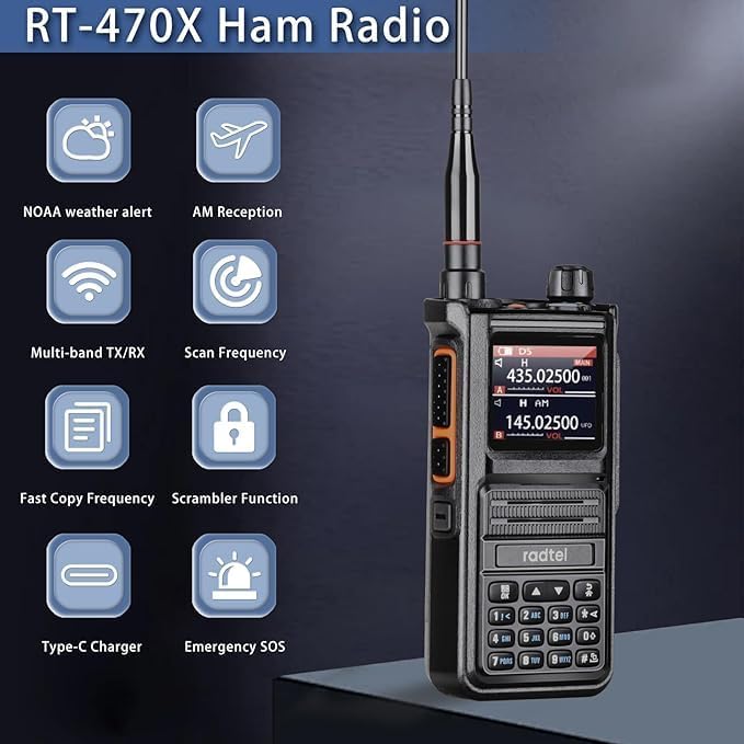 Radtel RT-470X Tri-Band Radio Walkie Talkies 256CH Aviation Air Band Two Way Radio NOAA Police Scanner Marine Long Range Handheld Transceiver USB-C, Wireless Copy Frequency (Standard)