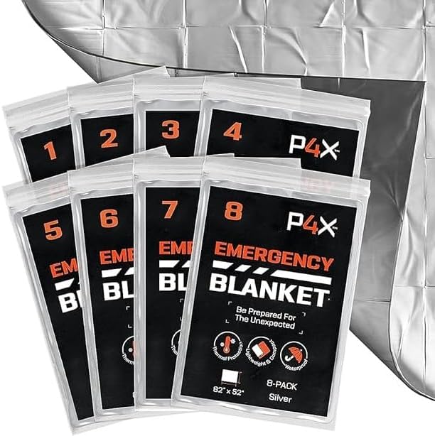 PREPARED4X Mylar Blankets 8 Pack - Waterproof Emergency Blanket - Rip and Tear Resistant Survivalist Gear - Emergency Thermal Blanket for Outdoor Survival