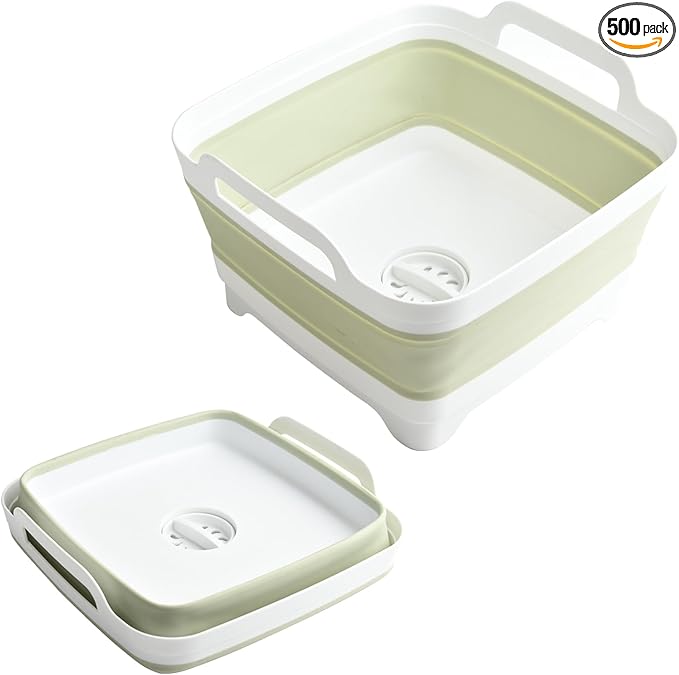 Collapsible Dish Basin Foldable Kitchen Sink With Drain Plug Plastic Laundry Tub 9L/2.4Gal RV & Camping Wash Basin Space-Saving Bottle Washing Sink (Green)