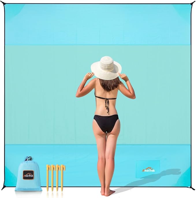 Beach Blanket Sandproof, Extra Large Beach Mat, Sand Free Mat Quick Drying, Lightweight, Soft & Durable Mat for Beach, Yard (Sky Blue & Mint Green, 6.6 x 6.6 FT (1~4 Person))