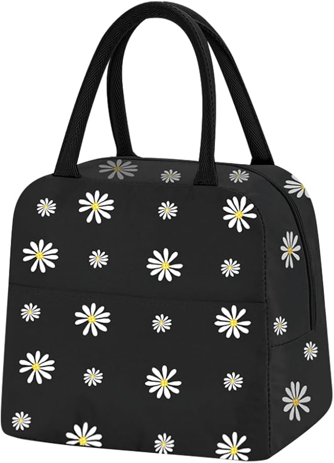 Womens Lunch Tote, Cute Black Daisy Men Lunch Bag Waterproof, Reusable Foil Fabric Cooler Bags Insulated for Work, Picnic, Outdoor