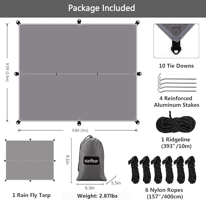 Hammock Rain Fly Tent Tarp Provides Effective Protection Against Rain, Snow. 32ft Long Ridgeline. Big 9.8x9.5ft Durable, Waterproof 210D Oxford. 6 Reflective Guy Lines, 2 Stuff Sacks. Easy Assembly