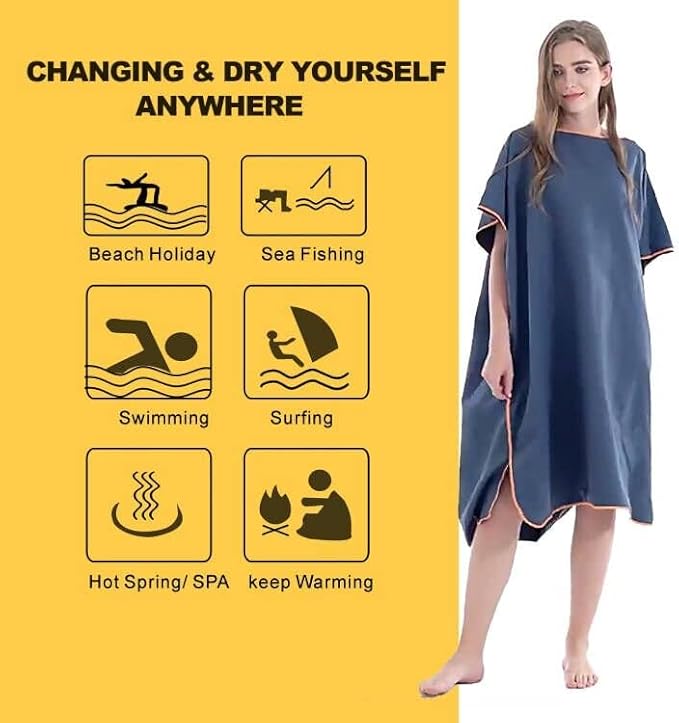 Quick Dry Surf Poncho Changing Towel Robe Hoodie for Adults Men Women,Microfiber Beach Wetsuit Tops Surfing Swimming Bathing Parka -One Size Fits All Dark Blue