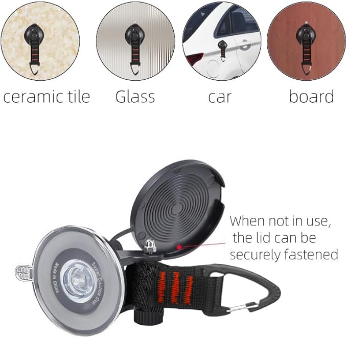 Suction Cups Hooks,Heavy Duty 2 Pieces with Rotatable Hooks Tie Down Suction Cup Camper Accessories with Viscous Silicone Strong Power for Car Boat Awning Camping Trap.(2 pcs Black)