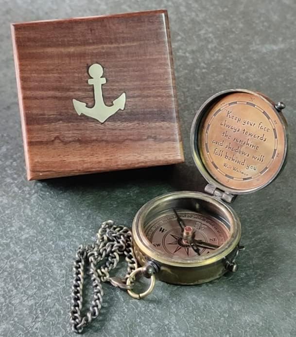 Keep Your Face Always Toward The Sunshine, and Shadows Will Fall Behind You Engraved Compass with Wooden Box, Camping Compass, Graduation Day Gifts for Son, Love, Sister, Husband, Wife, Fiancé.