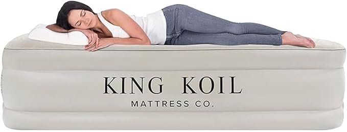 King Koil Luxury Air Mattress 20in Full Size Beige with Built-in Pump for Home, Camping & Guests-Inflatable Airbed Luxury Double High Adjustable Blow Up Mattress, Durable - Portable and Waterproof
