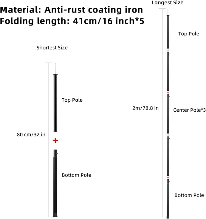 Tarp Poles Adjustable Heavy Duty 78.8 in Camping Tent Poles for Tarp Portable Telescoping Tent Poles for Awnings Canopy Rain Fly Shelter Set of 2