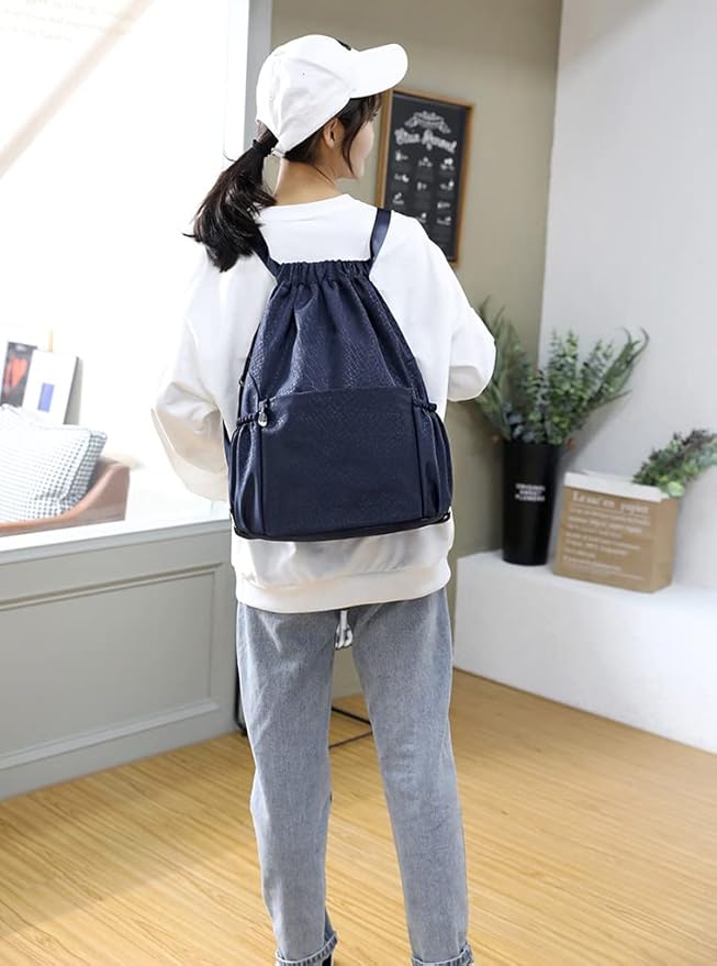 Drawstring Backpack Sports Yoga Sackpack for Women Men Waterproof Nylon Gym Sack DayPack with Multi Pockets (navy)