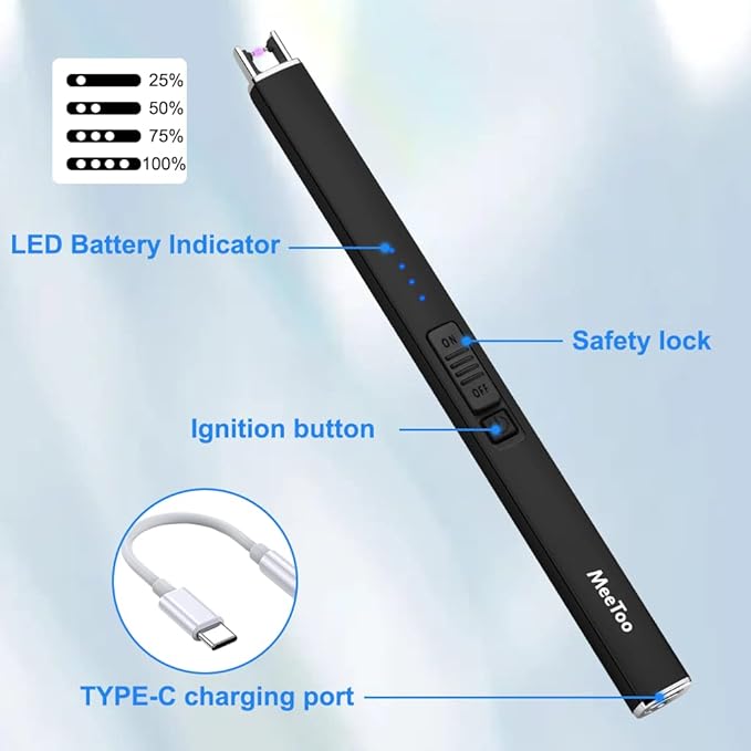 MeeToo Electric Candle Lighter Rechargeable Lighter Type-C Plasma Arc Lighters for Candle Camping Kitchen (Black)