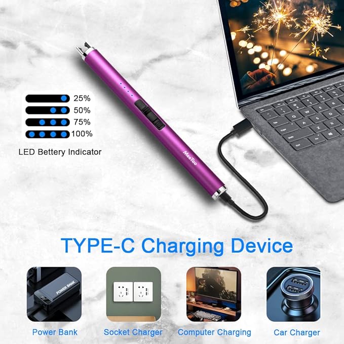 MeeToo Candle Lighter Electric Lighter Rechargeable USB Type-C Lighters for Candle BBQ Camping Fireworks (Purple)