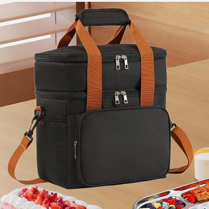 Double Layer Insulated Cooler Lunch Bag – Leakproof Thermal Food Storage Tote with Shoulder Strap – Large Capacity for Work, Travel, or Picnic – Available in Gray, Black & Navy Blue