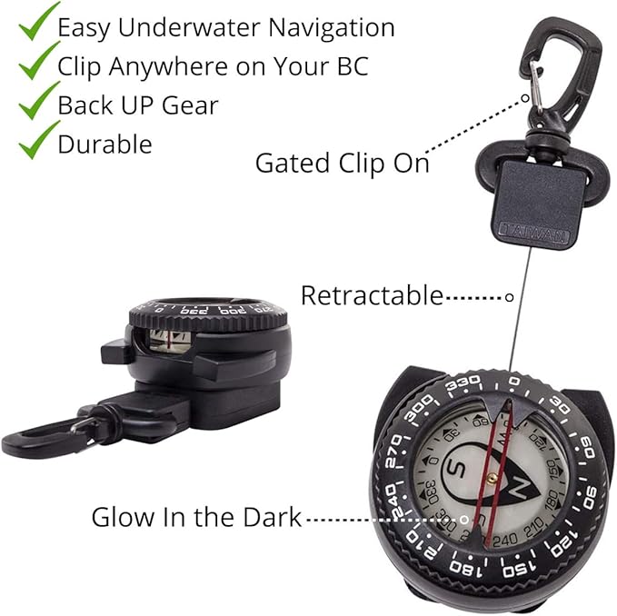 Trident Retractor Compass with Gate snap, Waterproof Oil Filled Compass for Scuba, Camping, Kayaking and Outdoor Sports