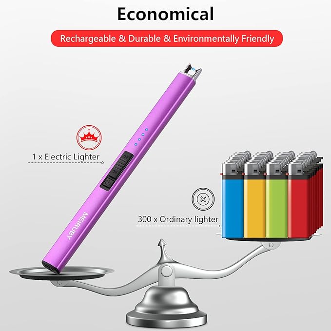 MEIRUBY Lighter Electric Candle Lighter Long Electronic Rechargeable USB Lighter Arc Windproof Flameless Lighters for Candle Camping BBQ Birthday Women's Day Gifts for Women Mom Wife Men, Purple
