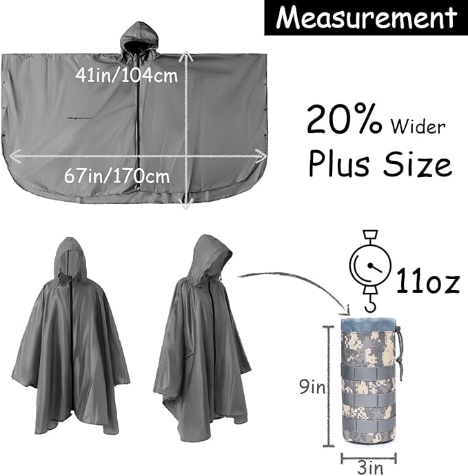 Plus Size Adult Rain Poncho with Hood and Zipper, Poncho Para Lluvia, Tactical Ponchos Adult For Camping, Hiking