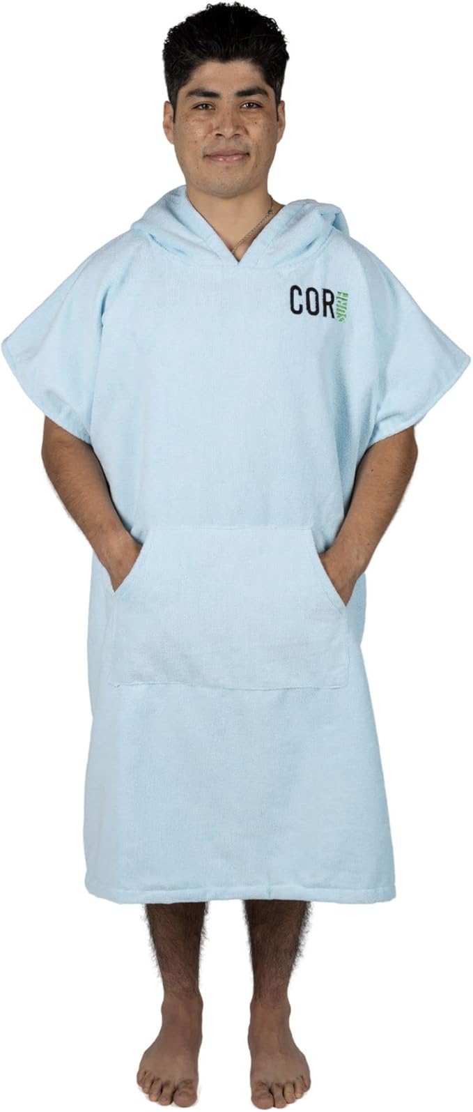 COR Surf Poncho Changing Towel Robe with Hood and Front Pocket | Thick Quick Dry Microfiber Wetsuit Poncho Towel for Surfing Beach Pool Swim (Large, Light Blue)