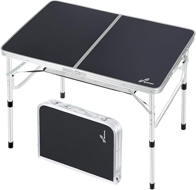 Sportneer Folding Table: Adjustable Height Camping Essentials 35.4" L x 23.6" W 2 Height with Mesh Layer - Compact & Portable Small Folding Table for Outdoor Camp Garden Picnic BBQ Dining Cooking