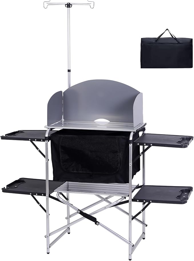Nice C Camping Kitchen Station, Camping Table, Picnic Table, Grill Table, Folding Table, Upgrade Light Stand and Windshield Cooking Station & Organizers, Carry Bag for Beach, Picnic (Silver/Black)
