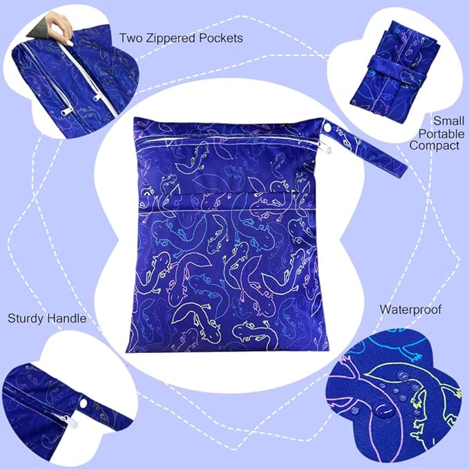 Wet Dry Bag with Two Zippered Pockets, Waterproof Reusable 2pcs Axolotl Wet Bags for Swimsuits, Beach, Swimming Pool,Dirty Yoga Clothes,Travel,Makeup Bag, Fitness, Storage Bag With Handle
