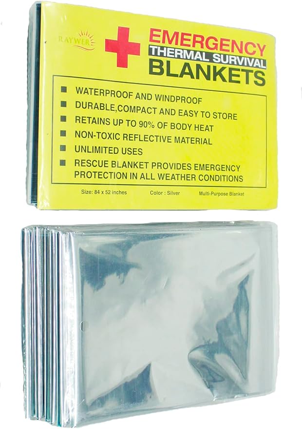 Rawyer (10 Pack) Emergency Thermal Survival Blankets, Mylar Blankets for Outdoor, Camping, Hiking, Survival in Harsh Weather, Large Silver Thermal Sheets, Heavy Duty Survival Gear (10, 84x52)