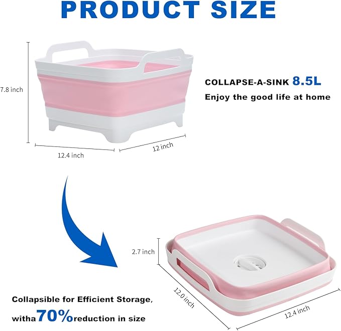Collapsible Dish Basin Foldable Kitchen Sink With Drain Plug Plastic Laundry Tub 9L/2.4Gal RV & Camping Wash Basin Space-Saving Bottle Washing Sink (Pink)