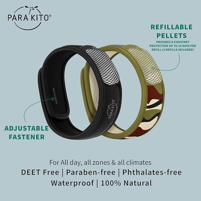 PARA'KITO Mosquito Repellent Bracelets + Refill Pellets Bundle, Mosquito Bracelets, Peppermint Oil, DEET Free Mosquito Repeller, Hiking and Camping Accessories, 2 Wristbands & 2 Refills (Black+Jungle)