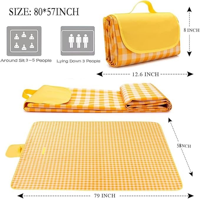 RUIBOLU Beach Blanket Large Picnic Blankets, Sandproof Beach Mat for 2-4 Adults Waterproof Quick Drying Outdoor Picnic Mat for Travel Camping Hiking Festival Park Lawn (Yellow Plaids)