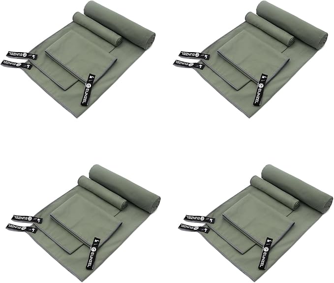Eunzel 4 Set Quick Dry Camping Towel, Microfiber Travel Towel Super Absorbent Fast Drying Towel for Camping, Beach, Gym, Backpacking & Swimming(Four 3-Piece Towel Sets, Army Green)
