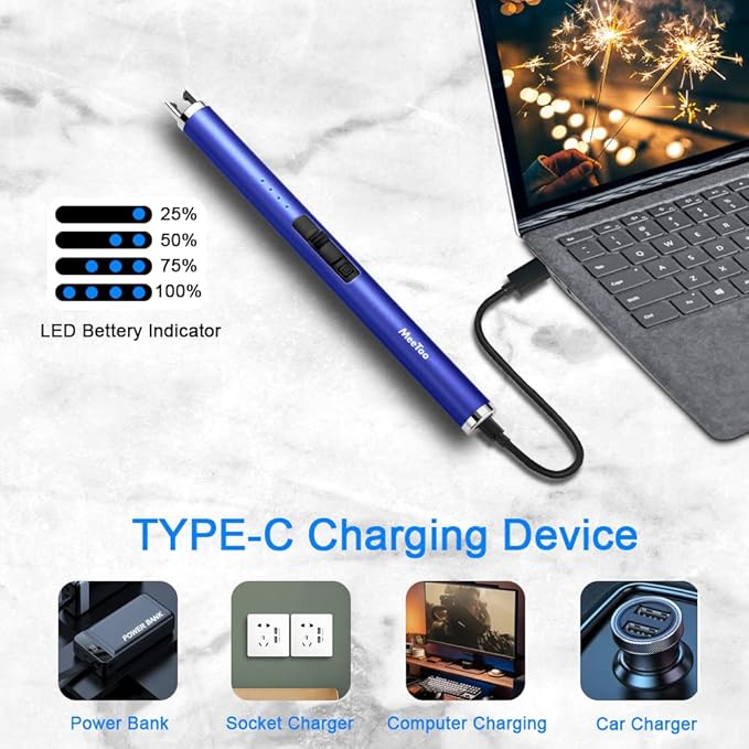 MeeToo Candle Lighter Electric Lighter Rechargeable USB Type-C Lighters for Candle BBQ Camping Fireworks (Dark Blue)