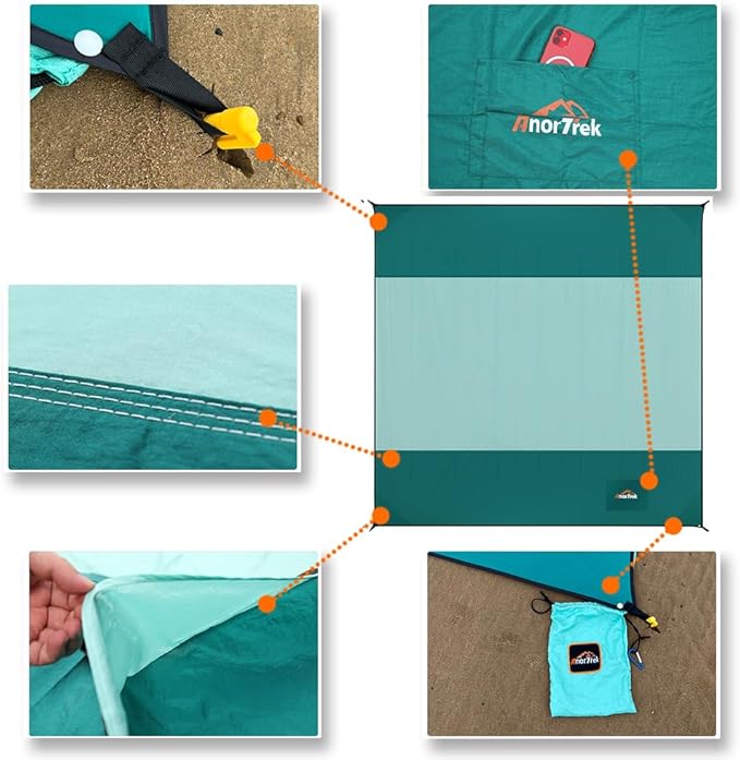 Beach Blanket Sandproof, Extra Large Beach Mat, Sand Free Mat Quick Drying, Lightweight, Soft & Durable Mat for Beach, Yard (Dark Green & Mint Green, 10 x 10 FT (1~9 Person))