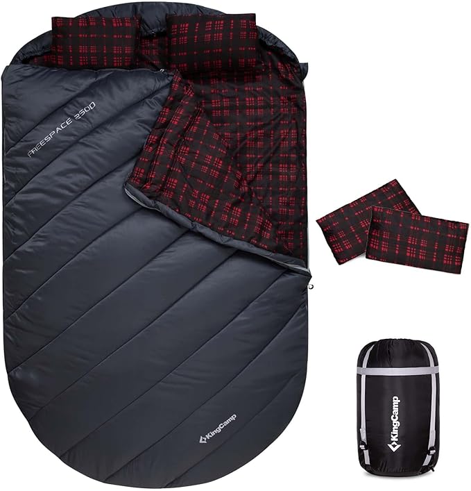 KingCamp Double Sleeping Bag for Adults, Queen Size 2 Person XXL Flannel Sleeping Bag, Waterproof Lightweight Flannel Quilt with 2 Pillows, Perfect for Couples Family Camping Hiking