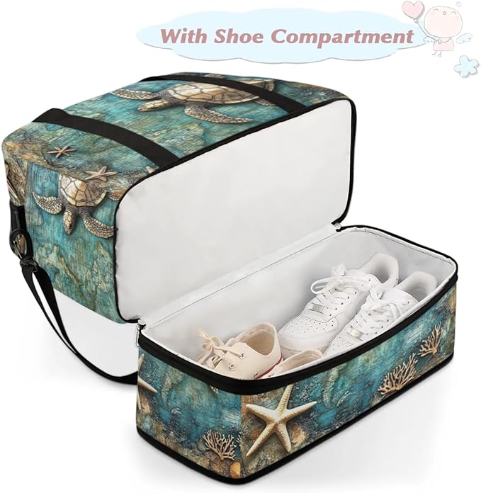Foldable Travel Duffel Bag, Expandable Weekender Overnight Carry on Bags with Shoe Compartment Sport Tote Gym Luggage for Women Men, Turtle