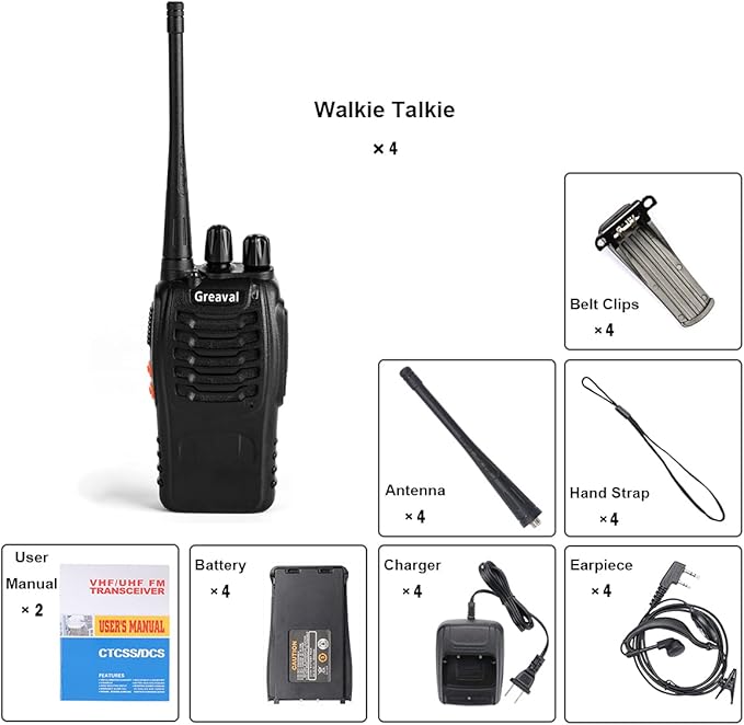 Rechargeable Walkie Talkies Long Range for Adults with Earpieces, 16 Channel Walky Talky Handheld Two Way Radios with Flashlight Li-ion Battery and Charger(Pack of 4)