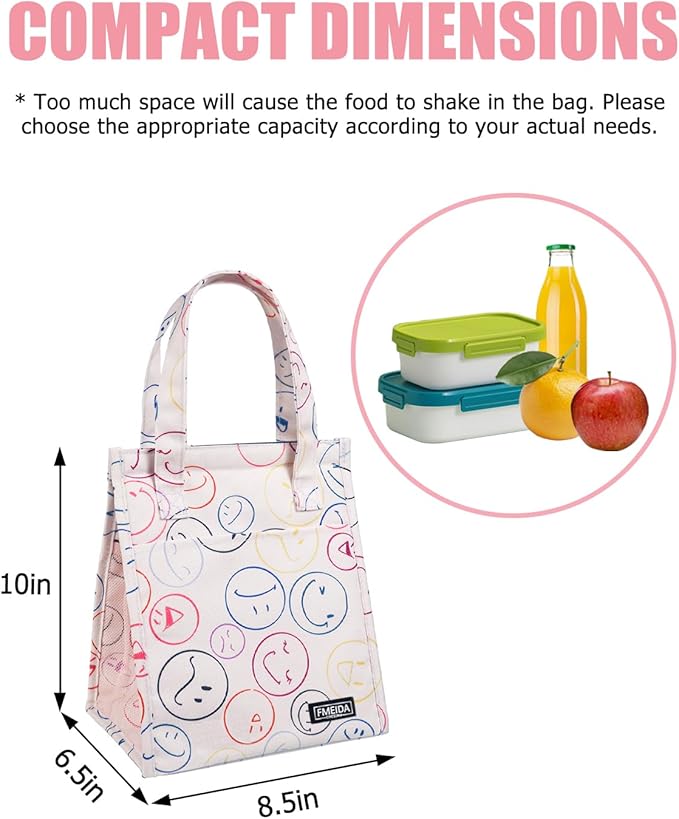 Fmeida Insulated Lunch Bag Women, 6.75L Small Lunch Tote Bags, Waterproof Thermal Cooler Lunch Bag, Reusable Lunch Box with Front Side Interior Pockets, Smile Face