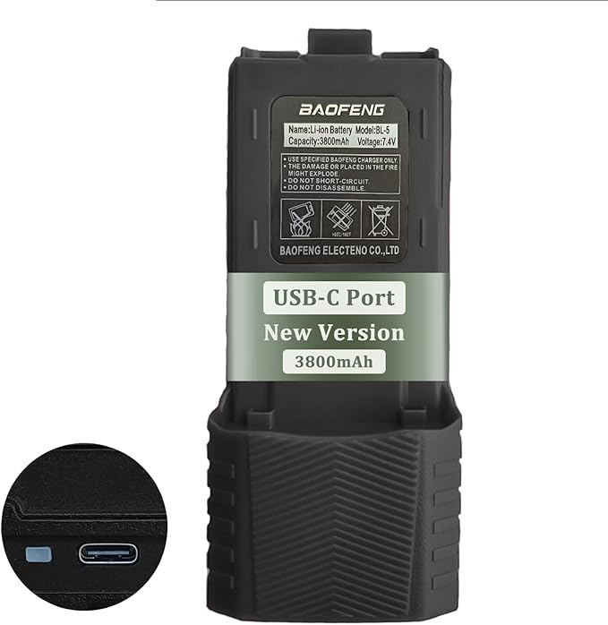 BAOFENG UV-5R Radio Battery Extended 3800mAh USB-C Charging Blue Replacement for BF-F8HP New Version for BF-F8 Rechargeable BL-5 Ham Radio Battery