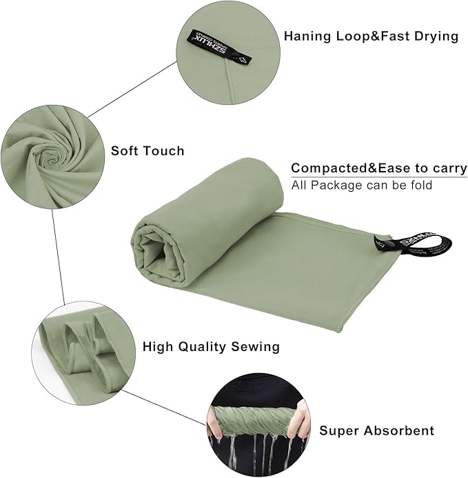 SZHLUX Microfiber Towel, Perfect Quick Dry Travel Sports Camping Towel,Fast Drying Lightweight Ultra Compact for Backpacking,Gym,Beach,Swimming,Yoga(Army Green,XL)