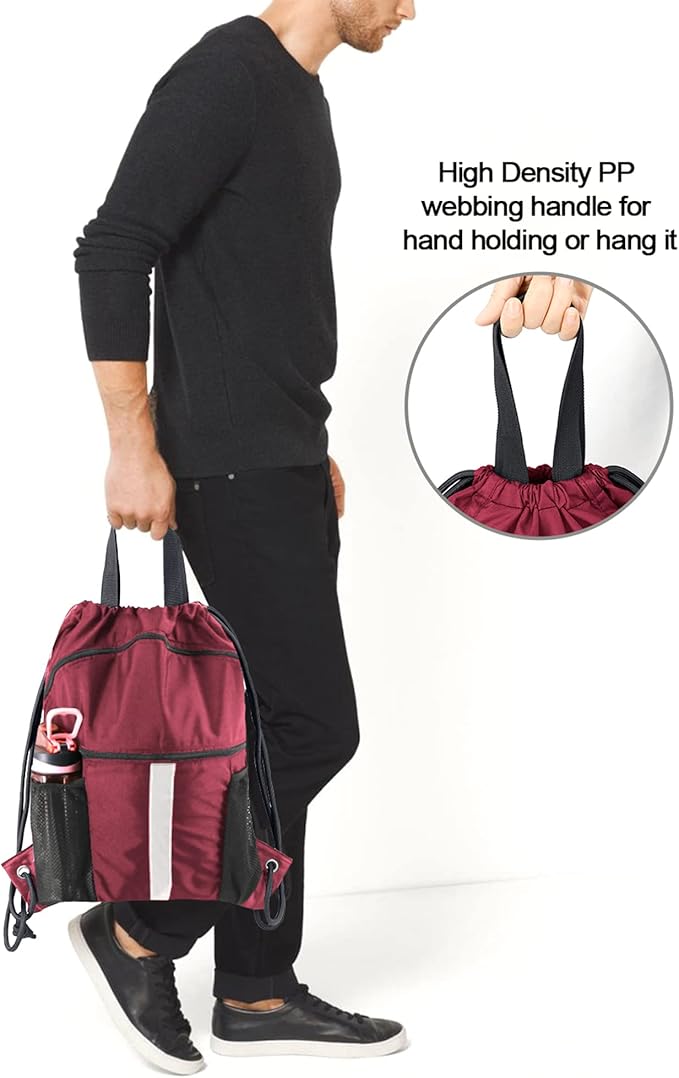 BeeGreen Drawstring Backpack Bag with Shoe Compartment, X-Large Black Gym Sports String Cinch Backpack