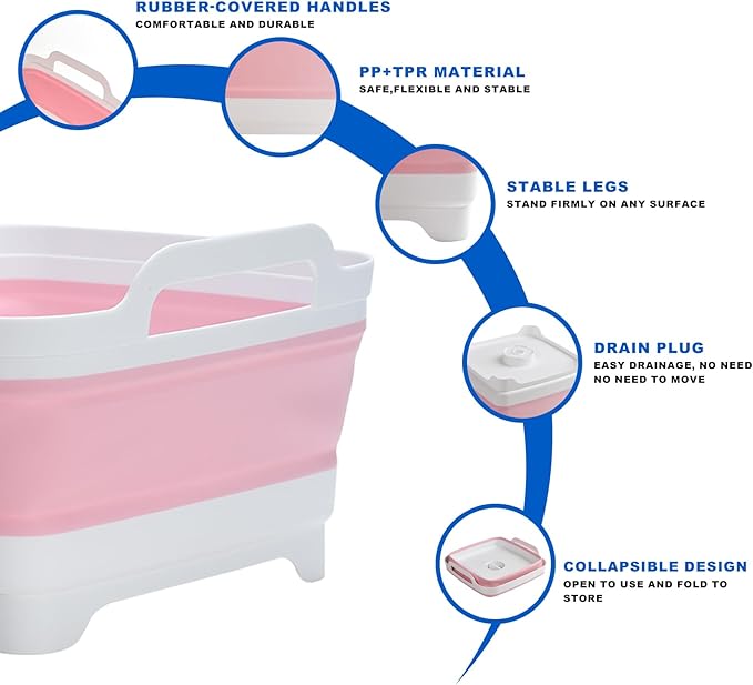 Collapsible Dish Basin Foldable Kitchen Sink With Drain Plug Plastic Laundry Tub 9L/2.4Gal RV & Camping Wash Basin Space-Saving Bottle Washing Sink (Pink)