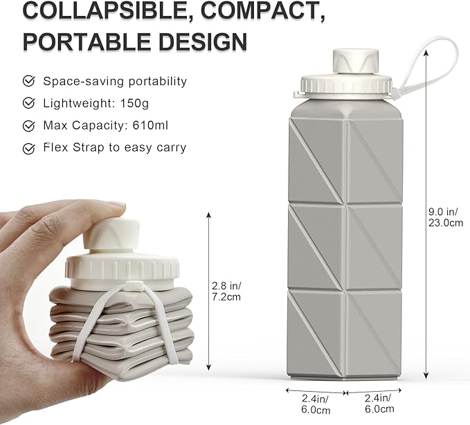 Collapsible Water Bottles 20.6oz, Silicone Foldable Portable Travel Water Bottle, Folding Lightweight Reusable Leakproof for Traveling Camping Hiking Cycling Yoga Sports Outdoor