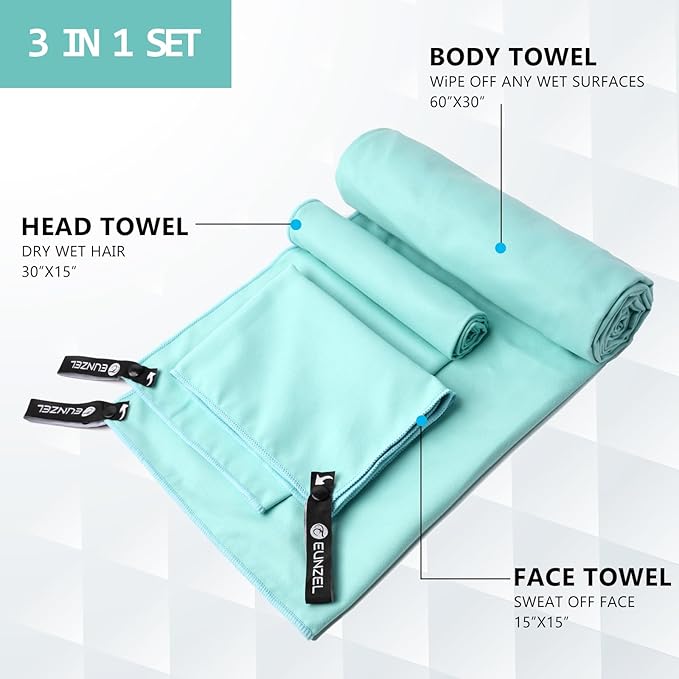 Eunzel Quick Dry Camping Towel, Microfiber Travel Towel 3 Size at 1 Pack,Fast Drying Towel Set for Camping, Beach, Gym, Sports, Yoga & Swimming Pool, Pale Turquoise