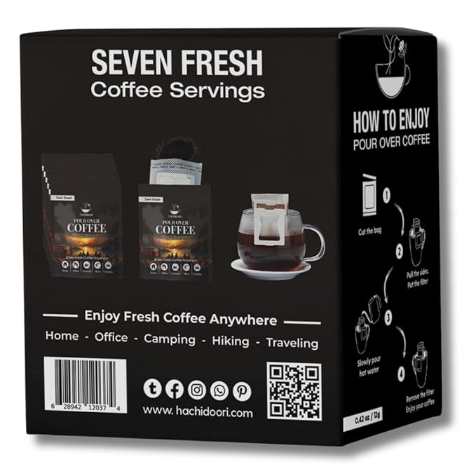 Hachidoori Single-Serve Portable Pour Over Drip Coffee – 7 Ready-to-Brew Packs with Ground Coffee & Filters | Fresh Coffee Anytime – Travel, Camping, Office.