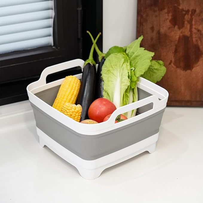 Collapsible Dish Basin Foldable Kitchen Sink With Drain Plug Plastic Laundry Tub 9L/2.4Gal RV & Camping Wash Basin Space-Saving Bottle Washing Sink(Gray)