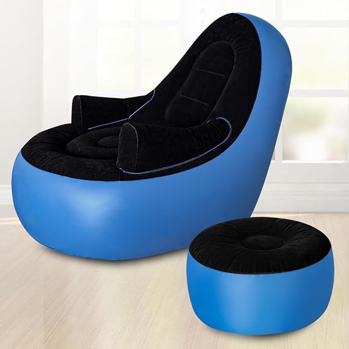 Inflatable Couch with Armrest&Ottoman, Blow Up Lounger Chair, Folding Lazy Sofa, Inflatable Furniture Without Pump for Camping, Fishing, Party, Beach, Sunbathing, Hiking (Blue)