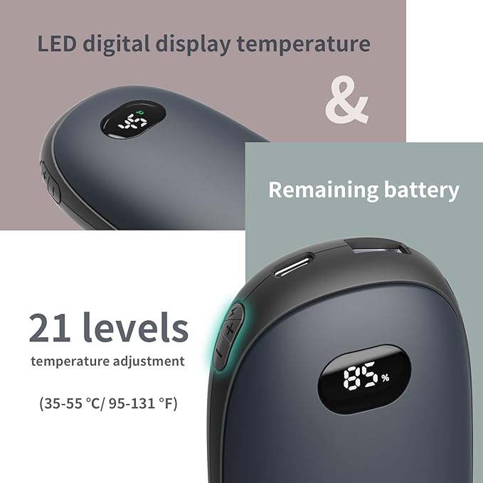 Unigear Electric Hand Warmers Rechargeable, 10000mAh Portable USB Hand Warmer & Power Bank with 21 Heating Levels and Quick Charge, 1 Second Fast Heat up, Great for Raynauds, Outdoor Sports, Camping