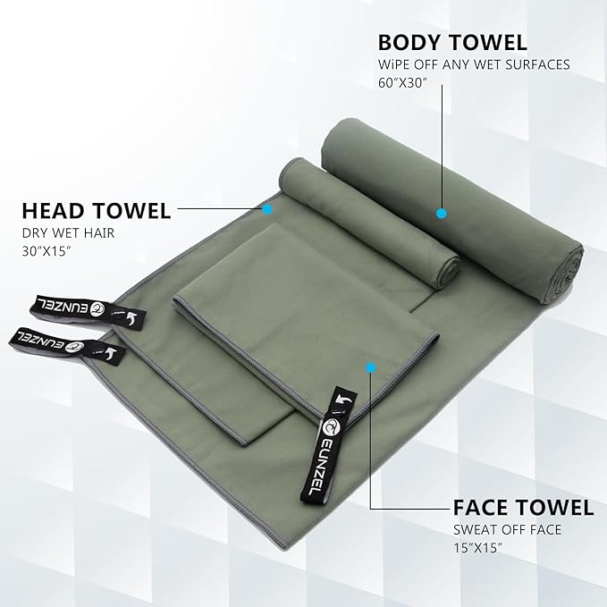 Eunzel 2 Set Quick Dry Camping Towel, Microfiber Travel Towel Super Absorbent Fast Drying Towel for Camping, Beach, Gym, Backpacking & Swimming(Two 3-Piece Towel Sets, Army Green)