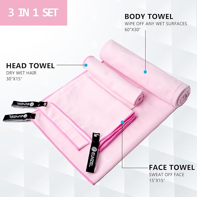 Eunzel Quick Dry Camping Towel, Microfiber Travel Towel 3 Size at 1 Pack,Fast Drying Towel Set for Camping, Beach, Gym, Sports, Yoga & Swimming Pool, Light Pink