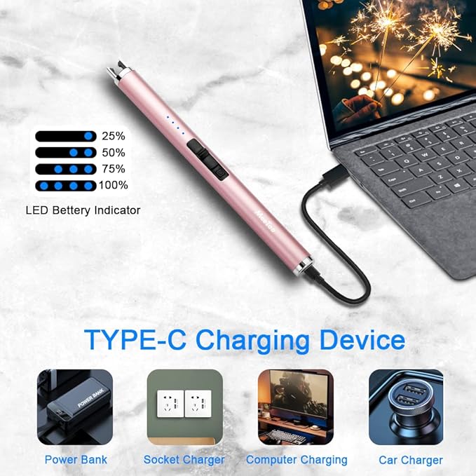 MeeToo Candle Lighter Electric Lighter Rechargeable USB Type-C Lighters for Candle BBQ Camping Fireworks (Rose Gold)