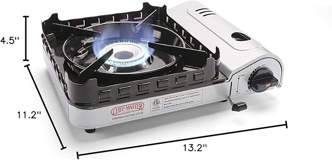 Chef Master 15,000 BTU Output Portable Butane Camping Stove, Double Wind-Guard Portable Stove Burner, Piezo Click Ignition for Emergencies, Tailgating, Hiking, Backpacking & Camping Essentials - 90019
