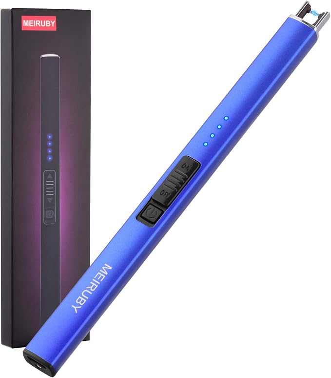 MEIRUBY Lighter Electric Candle Lighter Long Electronic Rechargeable USB Lighter Arc Windproof Flameless Lighters for Candle Camping BBQ Birthday Women's Day Gifts for Women Mom Wife Men, Blue