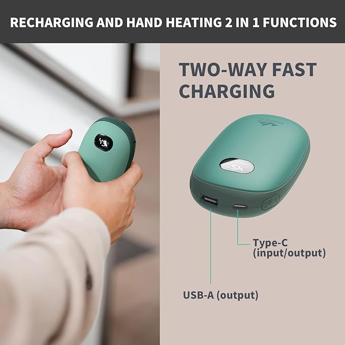Unigear Electric Hand Warmers Rechargeable, 10000mAh Portable USB Hand Warmer & Power Bank with 21 Heating Levels and Quick Charge, 1 Second Fast Heat up, Great for Raynauds, Outdoor Sports, Camping