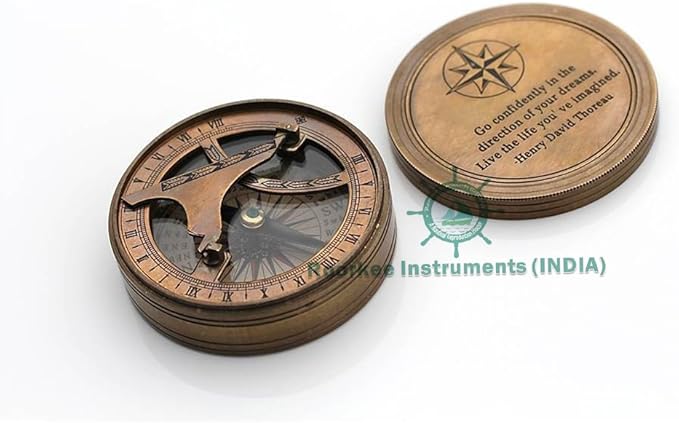 Handmade Brass Sundial Compass โ Thoreau Dream Chaser Quote โ Go Confidently in The Direction of Your Dreams โ Vintage Sun Clock with Leather Case โ Gift for Explorer, Graduate or Loved One